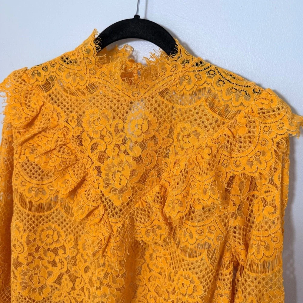 Golden Yellow Sheer Floral Lace Blouse Victorian Romantic‎ Boho Festival Top MED